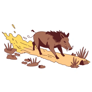 A brown wild boar is racing down a dry trail, kicking up a cloud of yellow dust behind it. The boar has a muscular build, with its tusks visible as it charges forward. Around the trail, there are patches of sparse grass and small, dried shrubs that highlight the arid environment. The sunlight casts long shadows on the ground, emphasizing the motion of the boar as it sprints energetically through the landscape.