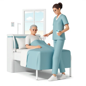 A nurse, wearing light blue scrubs and white sneakers, is gently attending to a patient in a hospital room. She has a warm smile on her face, and her short brown hair is neatly tied back. The patient, an elderly man with gray hair, is sitting up in bed with a content expression, holding a small cup of water. The nurse is reaching out, adjusting the patient's blankets with care. The room is furnished with a window allowing natural light to illuminate the space, and a medical chart is visible on a nearby table.