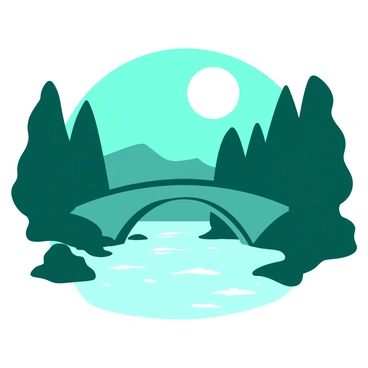 A teal bridge arches gently over a white river. The bridge is illuminated by a large, bright moon, which hangs low in the night sky. The moonlight creates shimmering reflections on the surface of the river below. Surrounding the bridge, there are dark silhouettes of trees that frame the scene. The river flows calmly, with soft ripples disturbed only by the light breeze.