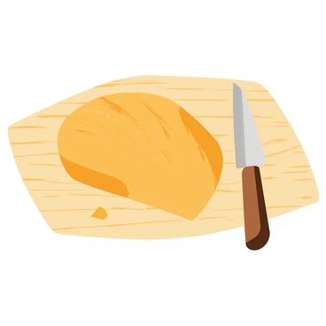 A wooden board with a rustic sourdough loaf and a bread knife