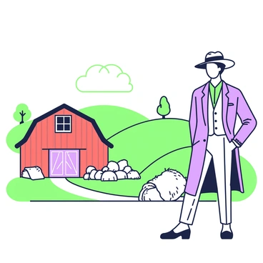 A stylish figure is standing by a rustic barn. The figure is wearing elegant country attire, which includes a tailored jacket with intricate embroidery, fitted trousers, and a wide-brimmed hat. The barn is made of weathered wood with a slightly peeling red paint, and there are scattered hay bales nearby. In the background, rolling green fields stretch out under a clear sky, with a few trees dotting the landscape. The figure's posture is relaxed yet confident, with one hand resting on the side of the barn.