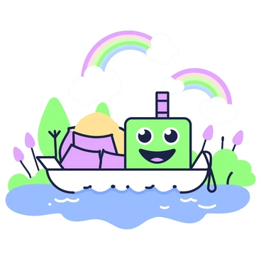 A grain barge is floating on a calm river, its hull adorned with a friendly face featuring large, bright eyes and a wide smile. The barge is carrying various sacks filled with grain, which are stacked neatly on its deck. Around the barge, the water is depicted with gentle waves, and on the banks, there are green trees and a purple flower garden. In the sky above, fluffy clouds drift lazily, and a vibrant rainbow arcs over the scene, enhancing the cheerful atmosphere.