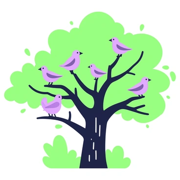 Six birds are perched on the branches of a large oak tree. The tree has a thick trunk and a wide canopy filled with green leaves. Each bird is positioned on a different branch, showcasing a variety of sizes and shapes. Some birds are facing forward, while others are looking sideways or preening their feathers. The background features a soft blur of more trees and underbrush, creating a sense of depth in the forest setting. The sunlight filters through the leaves, casting dappled shadows on the tree's bark.