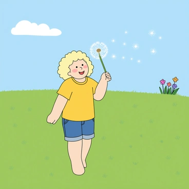 A young child with curly blonde hair is standing in a wide open field filled with green grass. The child is wearing a bright yellow t-shirt and denim shorts. The child is holding a dandelion puff and blowing on it, causing the white seeds to float away in the breeze. The background features a clear blue sky dotted with a few fluffy white clouds. In the distance, a few colorful wildflowers can be seen peeking through the grass, adding touches of pink, purple, and orange. The scene conveys a sense of joy and playfulness.