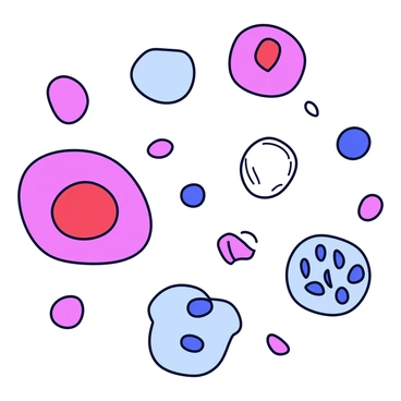 A detailed illustration of various types of cells found in bone marrow. The image includes red blood cells, which are round and biconcave, alongside white blood cells of different shapes, including lymphocytes with a large nucleus and granulocytes with granules in their cytoplasm. Platelets are represented as small, disc-like fragments scattered among the cells. The background has a muted color to highlight the cells, and they are arranged to show the diversity in size and shape. Each cell type is labeled with its name for clarity.