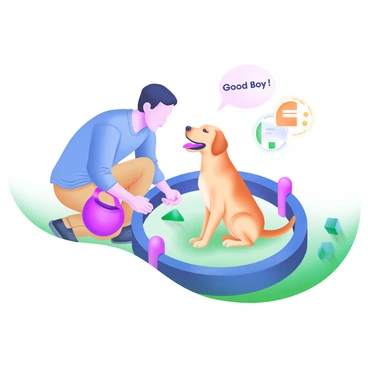 A modern pastel illustration depicting a dog trainer and a dog interacting in a circular training area. The dog trainer, wearing a bright blue shirt and khaki pants, is holding a red treat pouch while crouching down, encouraging the dog. The dog, a golden retriever with a shiny coat, is sitting attentively, looking up at the trainer with its tongue out. Along the circular path, icons representing a training feedback loop are displayed, including a speech bubble with the words "Good Boy!" and a progress chart symbol. The background features soft, light colors to emphasize the training environment.