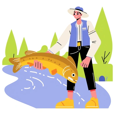 An angler wearing a blue fishing vest is proudly holding a freshly caught brown trout with shiny scales in one hand. The trout is large and vibrant with orange spots. The angler has a wide-brimmed hat and is standing beside a flowing river, with green grass and small rocks at the water's edge. In the background, there are tall trees and a clear blue sky. The sunlight reflects off the water, creating a sparkling effect.