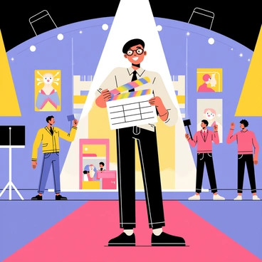A film director holding a "clapboard" with a confident expression on their face. The director is wearing a "black beret" and "stylish glasses," standing on a "movie set" decorated with bright lights and cameras. In the background, colorful posters of various movies are visible, and a red carpet is rolled out, suggesting an upcoming event. The scene captures the anticipation of "premiere night" with crew members bustling around, adjusting equipment. A spotlight shines above, illuminating the director and the clapboard.