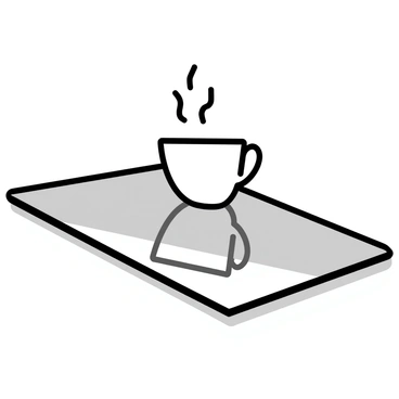 A reflective surface showing a distorted image of an espresso cup