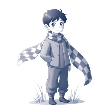 A young boy stands with confidence, wearing an iconic checkered scarf that billows gently in the breeze. His hair is dark and tousled, adding to his determined expression. The boy's eyes are focused and expressive, hinting at his unwavering resolve. He wears a traditional outfit with layered clothing, which complements the textured scarf. The surroundings display subtle movement, with grass swaying softly, suggesting the presence of a gentle wind.
