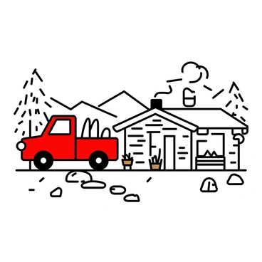 A red truck parked beside a cabin constructed of wooden logs, with a chimney emitting smoke. The cabin has a porch adorned with potted plants and a wooden bench. The surrounding woods are filled with trees that display intricate leaf patterns, indicating fall with leaves scattered on the ground. A few stones are arranged near the cabin, creating a natural pathway leading to the entrance. In the background, there are distant mountains, adding depth to the scene.