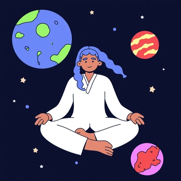 A person wearing a flowing white robe is sitting cross-legged in a meditative pose. They are floating in a dark, starry space surrounded by various planets. Bright blue and green swirls decorate one large planet, while another smaller planet is a vibrant red with a rocky surface. Stars twinkle in the background, creating a sense of depth in the vastness of space. The person has a serene expression on their face, with long hair billowing gently in the cosmic void.