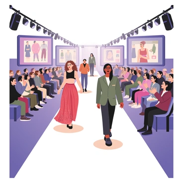 A digital flat illustration depicting a vibrant fashion show runway. The runway is centered, lined with bright lights and surrounded by an enthusiastic audience. On the runway, a variety of models are showcasing unique outfits: one model on the left has curly brown hair and is wearing a flowing red gown with intricate patterns, while another model on the right has straight black hair in a sleek blazer with tailored pants. The audience consists of diverse individuals, some sitting with their phones raised capturing the moment, and others clapping and cheering. The background features large screens displaying fashion graphics and colorful banners.
