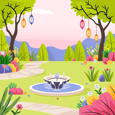 A tranquil garden scene during the evening, featuring a variety of vibrant flowers and lush green plants. Several colorful lanterns are hanging from tree branches, casting a warm glow around the area. In the center of the garden, there is a small, ornate fountain with water cascading gently, surrounded by smooth stones and colorful pebbles. The sky is transitioning to twilight, with soft pink and purple hues. Small pathways made of cobblestones wind through the garden, leading to different sections adorned with decorative plants.