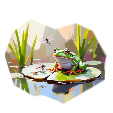 A scene depicting a vibrant green frog perched on a broad, flat lily pad in a serene pond. The frog is facing slightly to the right, showcasing its smooth skin and large, bulging eyes. Surrounding the lily pad are tall reeds and lush green water plants, creating a dense, natural backdrop. In the water, tiny insects can be seen skimming the surface, while a few delicate dragonflies hover nearby, their wings catching the light. The composition captures the frog's environment, emphasizing the coexistence of wildlife in this tranquil aquatic setting.