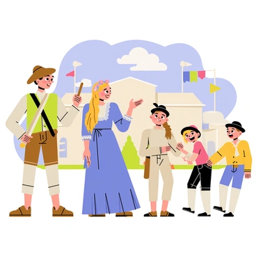 A lively American historic reenactment scene featuring several characters dressed in colorful period costumes resembling those found in storybooks. In the foreground, a man wearing a brown tricorn hat, a white shirt, and a green vest stands proudly, holding a wooden sword. Beside him, a woman in a flowing blue gown with lace trim gestures enthusiastically, her long hair adorned with a floral crown. To the right, a group of children wearing hats and knee-length trousers playfully reenact a traditional game, their laughter evident in their expressions. In the background, a large wooden structure resembling a colonial building is visible, with flag banners waving in the breeze. The sky above is bright blue, dotted with fluffy white clouds.