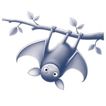 A vampire bat is hanging upside down from a thick tree branch. Its wings are fully extended, creating a gentle curve that frames its small body. The bat has a wide, mischievous grin, showcasing its pointed teeth. Its large, expressive eyes reflect a sense of playfulness. The tree branch is textured and gnarled, with several leaves surrounding the bat, adding detail to the natural setting. The overall composition captures the dynamic pose of the bat and its cheeky demeanor.