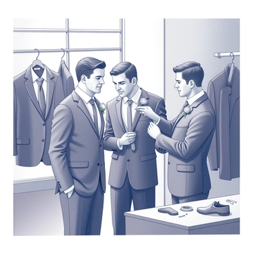 A group of groomsmen gathered in a dressing room. Two of them are standing close together, adjusting each other's ties, with one holding a tie up to the other’s neck while the other looks into a mirror. Another groomsman is carefully pinning a boutonniere onto the lapel of a third groomsman’s suit jacket, ensuring it is positioned just right. The room is filled with various suit jackets hanging on hooks, and there are accessories like shoes and cufflinks laid out on a nearby table. Natural light is coming through a window, illuminating the scene.