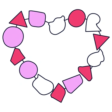 A collection of geometric shapes including circles, triangles, and rectangles. The shapes are arranged in a way that forms a heart outline. The shapes are in various colors such as red, pink, and white. The heart is set against a plain background to emphasize the arrangement of the shapes.