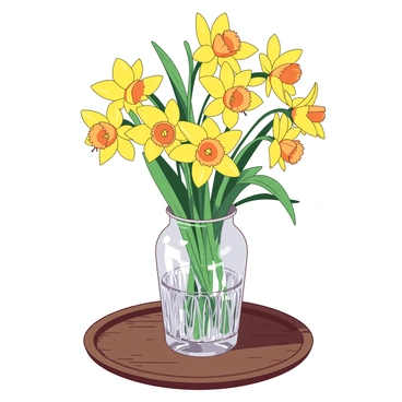 A vibrant arrangement of yellow daffodils is elegantly displayed in a clear crystal vase. The vase has intricate patterns that reflect light beautifully. The wooden table has a rich, dark finish, highlighting the vivid color of the flowers. Surrounding the vase, there are soft green leaves that add a touch of freshness to the composition. The daffodils are in full bloom, showcasing their trumpet-like shape and delicate petals, standing tall and inviting.