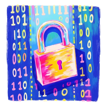 A padlock icon is centrally positioned, featuring a glossy metallic finish with intricate details. The shank of the padlock is slightly raised, giving it a three-dimensional appearance. Behind the padlock, a tapestry of binary code cascades down in green and white, creating a sense of depth and movement. The code consists of ones and zeros arranged in random sequences, symbolizing the complex world of cybersecurity. The background is slightly blurred to emphasize the padlock in the foreground.