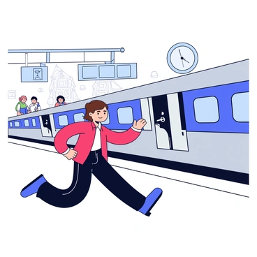 A character is running towards a train platform. The character has short brown hair and is wearing a red jacket and black jeans. The train is a sleek, silver color with its doors just beginning to close. The background features a blurred view of the train station, with people waiting on the platform and a digital clock showing the time. The character has an expression of determination as they extend one hand towards the closing doors.