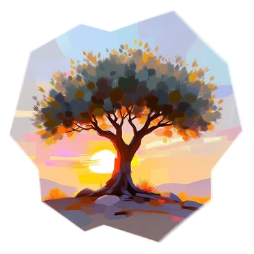 A silhouette of an ancient olive tree stands prominently against the sky. The tree features gnarled branches that twist and turn in various directions, creating a complex, intricate outline. The trunk is thick and rugged, showcasing the age of the tree with its rough texture. The backdrop displays a gradient of colors as the sun sets, casting a warm glow that enhances the silhouette. The ground around the tree is uneven, dotted with small stones and patches of grass.
