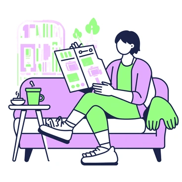 A person is sitting comfortably on a couch in a cozy living room. They have short hair and are wearing casual home attire. The individual is flipping through a product catalog, holding it with both hands. The catalog is open to a vibrant page displaying various products. On a small table beside the couch, there is a steaming cup of coffee placed on a coaster. In the background, a bookshelf filled with books and a decorative plant can be seen. A soft throw blanket is draped over the arm of the couch.