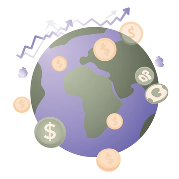 A digital flat illustration featuring a globe with continents uniquely shaped like "dollar signs" and various "financial symbols". The globe is primarily a vibrant blue, representing the oceans, while the continents are depicted in shades of green and gold to emphasize their resemblance to currency. Surrounding the globe are floating "dollar bills" and "coins", adding to the financial theme. In the background, there are faint outlines of stock market graphs and arrows indicating upward trends, enhancing the overall financial context of the illustration.