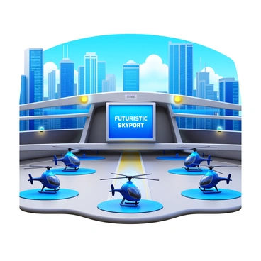 A futuristic skyport featuring a sleek, metallic design. The skyport has multiple landing pads, each equipped with advanced lighting systems. Helicopters of various sizes and designs are landing on the pads, showcasing a range of cutting-edge technology. The background shows a bustling skyline with tall, glass buildings reflecting sunlight. A clear blue sky fills the scene, enhancing the modern atmosphere. "Futuristic Skyport" is prominently displayed on a digital sign at the entrance.