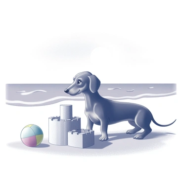 A dachshund with a long body and short legs is kneeling in the sand. It has a focused expression while using its front paws to shape a sandcastle. The sandcastle is intricate, featuring turrets and a smooth sand surface. In the background, there are gentle waves lapping at the shore, and a sun is overhead, casting soft shadows on the sand. There is a colorful beach ball nearby, and a small bucket lies next to the dachshund, suggesting it is in the midst of play.