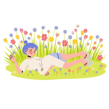 A vibrant field filled with a variety of colorful wildflowers in shades of red, yellow, blue, and purple. The flowers sway gently in a soft breeze, creating a lively scene. In the midst of the flowers, an anime character with bright blue hair is lying on their back in the grass, wearing a light summer outfit. They have a cheerful expression, with their eyes closed and a content smile. The character's arms are stretched out beside them, and small butterflies flutter around, adding to the playful atmosphere of the setting.