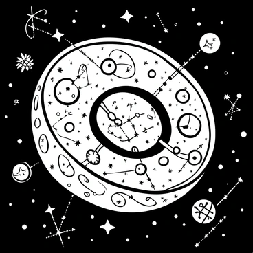 A detailed illustration of an animal cell depicted as a galaxy, with swirling patterns representing the cell membrane. Stars of varying sizes represent different organelles, with clusters of stars forming recognizable shapes for each organelle. Labeled constellations made up of bright dots are arranged throughout the galaxy, indicating the locations of the nucleus, mitochondria, endoplasmic reticulum, and other organelles. Additional cosmic elements like nebulae and distant galaxies fill the background, enhancing the celestial theme.