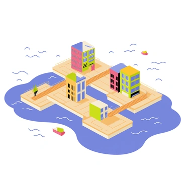 A city floating on water, consisting of multiple interconnected platforms. The platforms are square and rectangular, made of wooden materials with railings. Various buildings with colorful facades are positioned on these platforms, each featuring large windows and balconies. Bridges made of sturdy planks connect the different platforms, allowing for easy movement across the city. In the background, there are gentle waves on the water, and a clear blue sky overhead. Small boats can be seen drifting nearby, adding to the lively atmosphere of the scene.