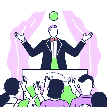 A magician is performing a levitation trick on stage. He is wearing a black suit with a white shirt and a red bow tie. His arms are outstretched as he focuses on the floating object above him. The object is a green and purple sphere that seems to hover effortlessly in the air. In the foreground, the audience is visible with expressions of amazement on their faces, some with hands clasped in surprise. The stage is illuminated with bright lights, adding to the dramatic atmosphere of the performance.