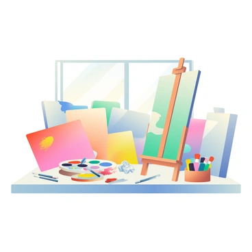 An artist's workspace is filled with multiple illustration boards arranged in different sizes, some leaning against the wall and others propped up on an easel. A set of paintbrushes of various shapes and sizes is scattered across a wooden table, and a palette with vibrant splashes of paint in colors such as red, blue, yellow, and green sits beside them. A collection of tubes of paint in an array of colors is neatly organized in a small wooden box. A few crumpled sketches are visible on the table, and a large window behind the workspace allows natural light to flood the room, illuminating the creative chaos.