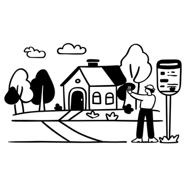 A mailman wearing a cap and a uniform is placing letters into a mailbox that is mounted on a post in front of a charming house. The house has a well-maintained lawn with flowers blooming around the front porch. There are trees lining the street and a sidewalk leading up to the mailbox. A few clouds can be seen in the sky above the neighborhood.