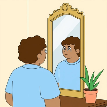A person with medium skin tone stands in front of a tall, ornate mirror with a golden frame. Their hair is short and wavy, and they wear a simple blue t-shirt. The person's eyes are filled with tears, and the reflection shows a look of deep contemplation and sadness. The background features a softly lit room with light walls and a small potted plant on a nearby table. The mirror captures the person's expression vividly, emphasizing the emotional weight they carry. The overall scene conveys a sense of introspection and vulnerability.