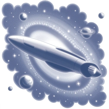 A sleek spaceship navigates through a galaxy filled with swirling cosmic clouds and distant stars. The body of the spaceship is streamlined, with smooth curves and glowing engine thrusters at the rear. Surrounding the ship are various celestial bodies, including planets and asteroids, each with distinct shapes and sizes. The scene is illuminated by the bright light of nearby stars and the intricate patterns of the galaxy's clouds.