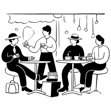 A lively cafe scene set in the 1930s, with multiple tables occupied by men and women dressed in vintage attire. Some patrons are seated, animatedly chatting over steaming cups of coffee, while others read newspapers. A waitress in a classic uniform carries a tray with coffee cups and pastries. The decor includes art deco elements, with geometric patterns on the walls and light fixtures hanging from the ceiling. On a small table, a vintage radio sits, adding to the ambience of conversation and social engagement.