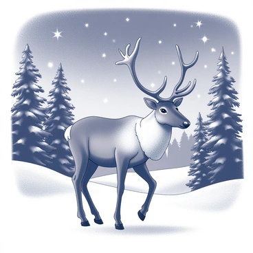 A majestic reindeer stands in a snowy forest. The reindeer has large, sweeping antlers and a thick fur coat that blends with the winter landscape. Surrounding the reindeer are tall, snow-covered pine trees, their branches heavy with fresh snow. The ground is blanketed with white snow, creating a soft texture beneath the reindeer's hooves. Above, the night sky is filled with twinkling stars, casting a gentle light over the scene. The atmosphere is calm and serene, highlighting the beauty of the winter wilderness.