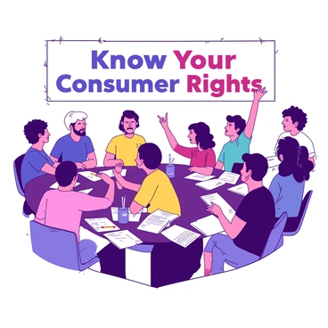 A group of diverse individuals is gathered in a well-lit room, actively participating in a workshop. In the background, a large banner reading "Know Your Consumer Rights" hangs prominently, with vibrant colors. The attendees, including men and women of various ages and ethnicities, are seated at tables with notebooks and pens in front of them. Some individuals are raising their hands to ask questions, while others are listening intently to a speaker at the front of the room. There are also informational brochures and materials spread across the tables, enhancing the workshop's educational atmosphere.