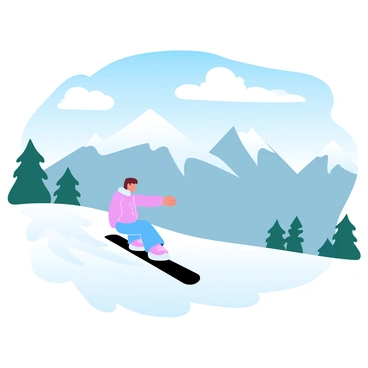 A snowboarder is carving down a snowy slope, leaving a trail of fresh powder behind. The snowboarder is wearing a vibrant jacket and pants, expertly balanced on the board. In the background, majestic snow-capped mountains rise against a clear blue sky, their peaks glistening in the sunlight. The slope is dotted with scattered pine trees, partially covered in snow, enhancing the winter scene. Fluffy white clouds drift lazily above the mountains, adding to the tranquil atmosphere.