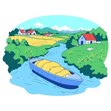 A blue grain barge is cruising along a winding river in a lush countryside. The barge is loaded with golden sacks of grain, bouncing gently on the water's surface. On either side of the river, there are sprawling green fields dotted with vibrant yellow wildflowers. In the distance, several rustic white farmhouses with red roofs are visible, surrounded by neatly tended gardens. A few farm animals can be seen grazing in the fields, and the sky above is clear, showcasing a soft blue hue.