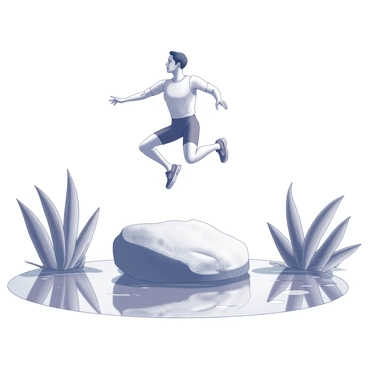 An athlete stands poised on a large rock, preparing to leap into the air. The athlete is wearing a fitted athletic outfit, suitable for jumping, with a focused expression on their face. Below, their reflection ripples in the calm surface of a pond, showing the details of their posture and determination. Surrounding the pond are lush green plants, framing the scene with natural elements. The sky above is clear, indicating a beautiful day for the athlete's jump.