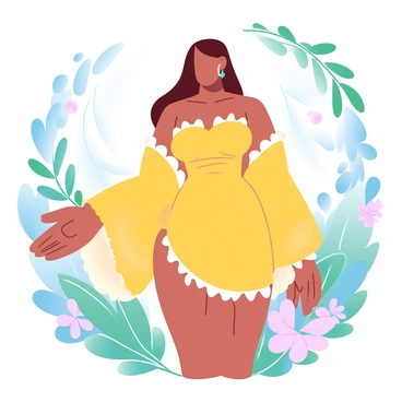 A model is standing in a lush garden, surrounded by vibrant flowers and greenery. The model is wearing a bright yellow outfit that resembles the shape and texture of yuzu fruit, featuring a structured bodice with ruffled accents that mimic the fruit's skin. The sleeves of the outfit are flowing and resemble delicate petals. There are decorative elements such as leaf-shaped accessories adorning the outfit. The garden background is filled with various plants and colorful blooms, creating a lively atmosphere. Sunlight filters through the leaves, casting gentle shadows on the ground.