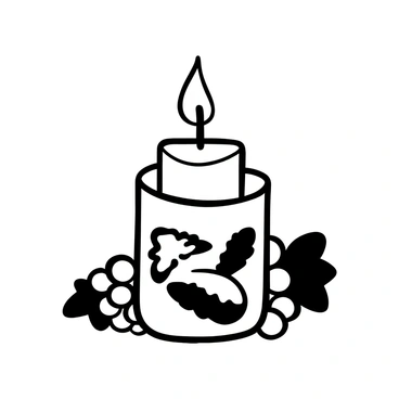 A lit candle in a glass holder featuring grape motifs, casting soft shadows on the surface. The candle flame flickers gently, illuminating the intricate designs of the glass holder. Surrounding the candle are scattered small grape clusters and leaves, adding to the theme. The overall composition conveys a cozy and inviting atmosphere.