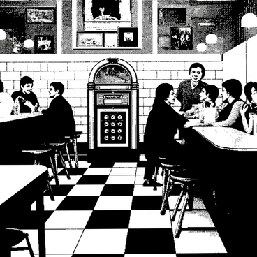 A classic 1950s diner has a checkered floor that alternates between black and white tiles. In the center of the diner, a brightly colored jukebox stands, showcasing its vintage design with numerous buttons and a glass front. Several patrons are seated at a long counter, enjoying large milkshakes topped with whipped cream and cherries. A waitress wearing a retro uniform is serving food, and the walls are adorned with nostalgic decor depicting the era. The atmosphere is lively, with patrons engaged in conversation and laughter.