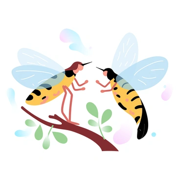 Two Drosophila are positioned on a small twig, showcasing their intricate movements as they engage in a mating dance. One Drosophila has distinct black markings on its wings, while the other displays vibrant yellow patterns. The twig is surrounded by delicate green leaves, adding a natural element to the scene. Soft, gradient pastel colors fill the background, emphasizing the intricate details of the Drosophila as they interact.