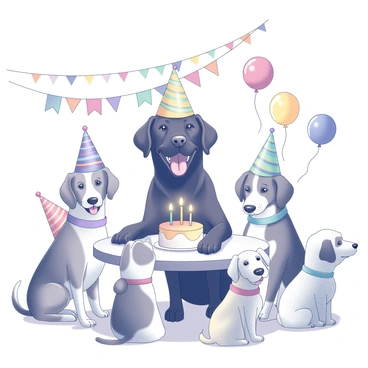 A black Labrador retriever is wearing a brightly colored party hat, seated at a table decorated for a birthday celebration. The dog has an excited expression, with its tongue out and tail wagging. Surrounding the dog are several other animals, including a beagle and a golden retriever, all wearing festive accessories. There are colorful balloons and a birthday cake with lit candles on the table, and a banner in the background that reads "Happy Birthday." The atmosphere is lively, filled with playful energy as the animals gather to celebrate.